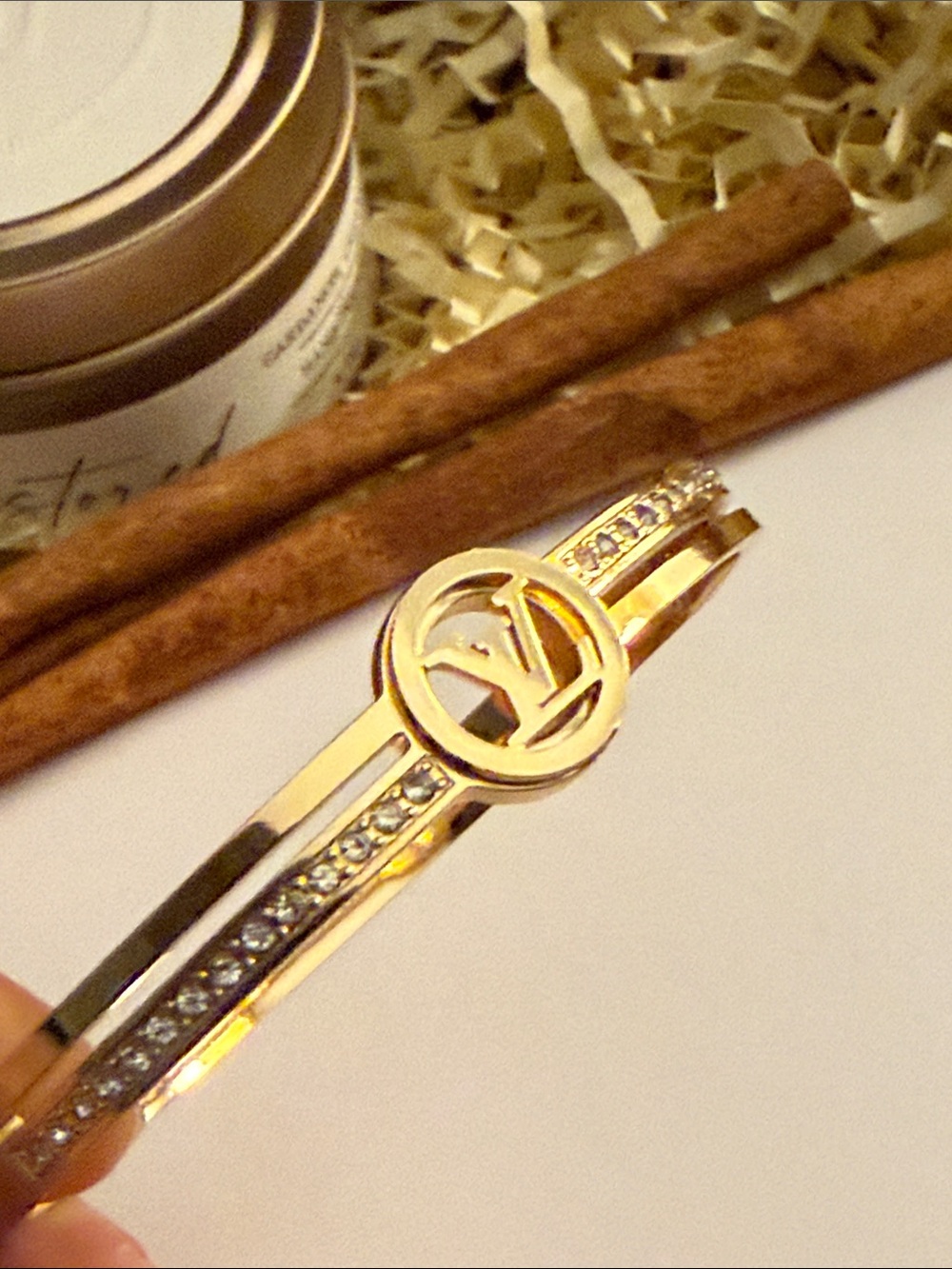 Fashion Jewelry Gold Crystal-Accent Monogram Bangle Bracelet - Picture 5 of 8